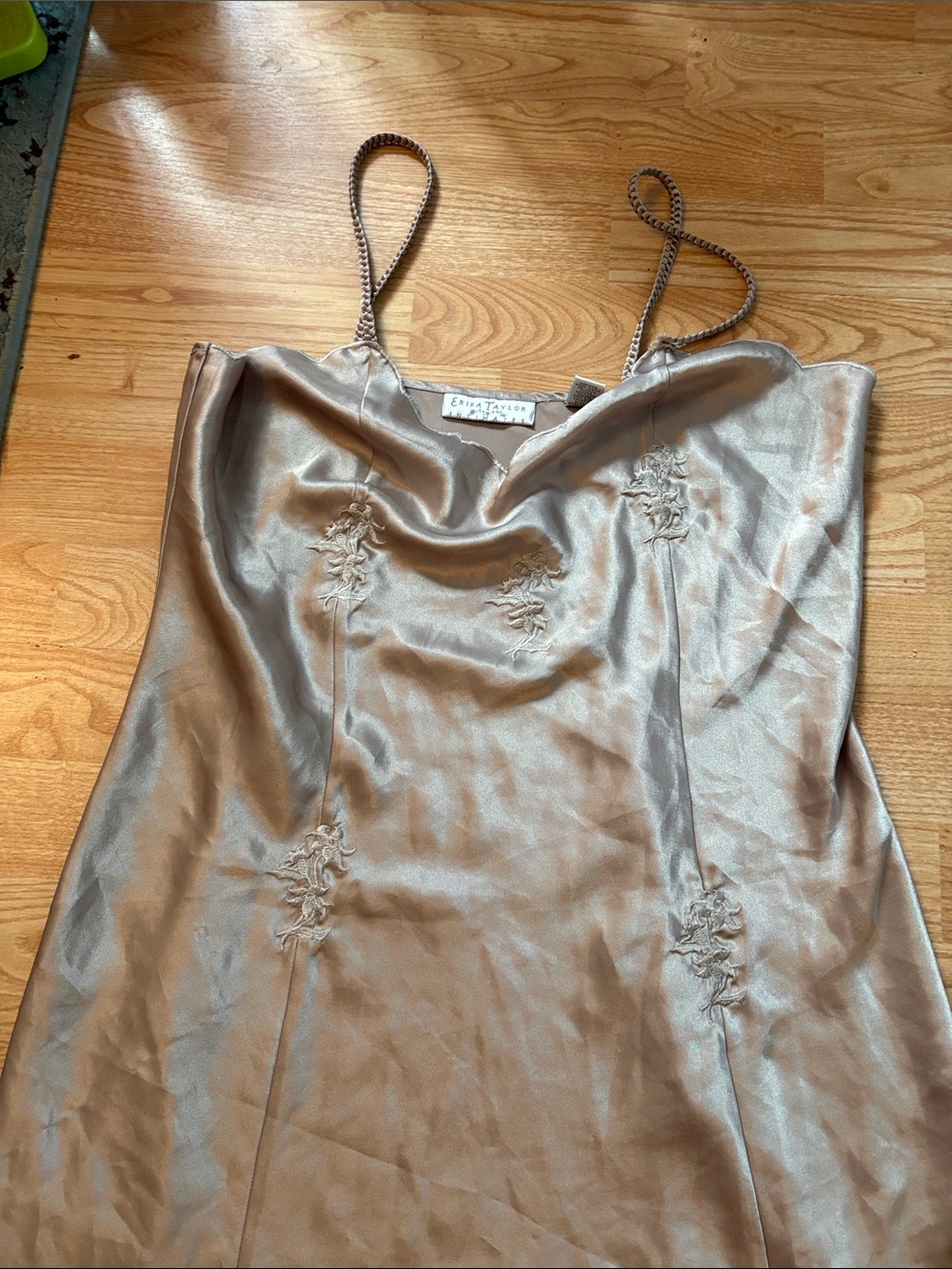 Satin Slip Dress with Floral Embroidered Detail - Erika Taylor